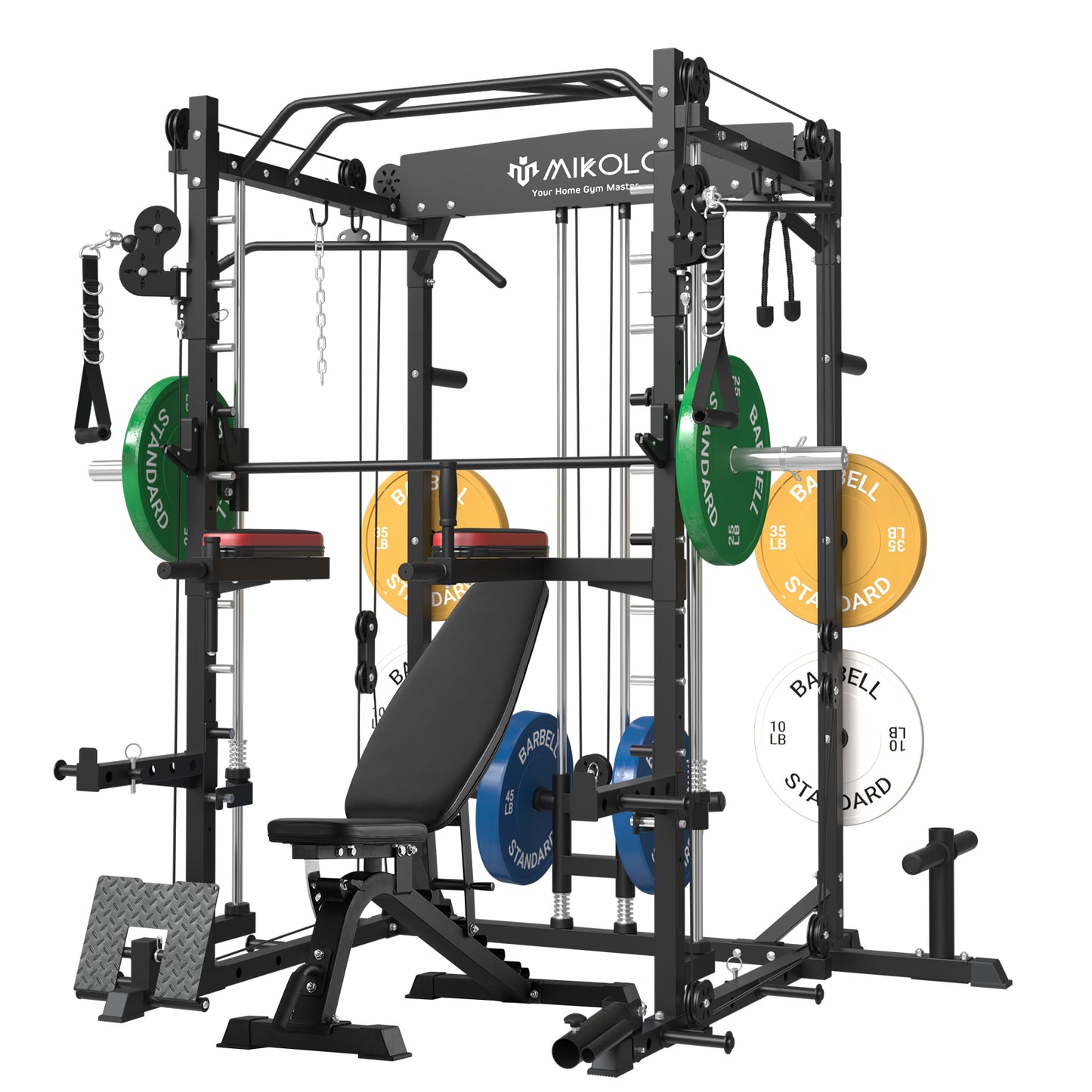 Mikolo Smith Machine Home Gym, 2000 lbs Power Rack Cage with Cable Crossover, Smith Cage with 800LB Capacity Adjustable Weight Bench and 230 lbs Weight Plate, Total Body Strength Training Cage