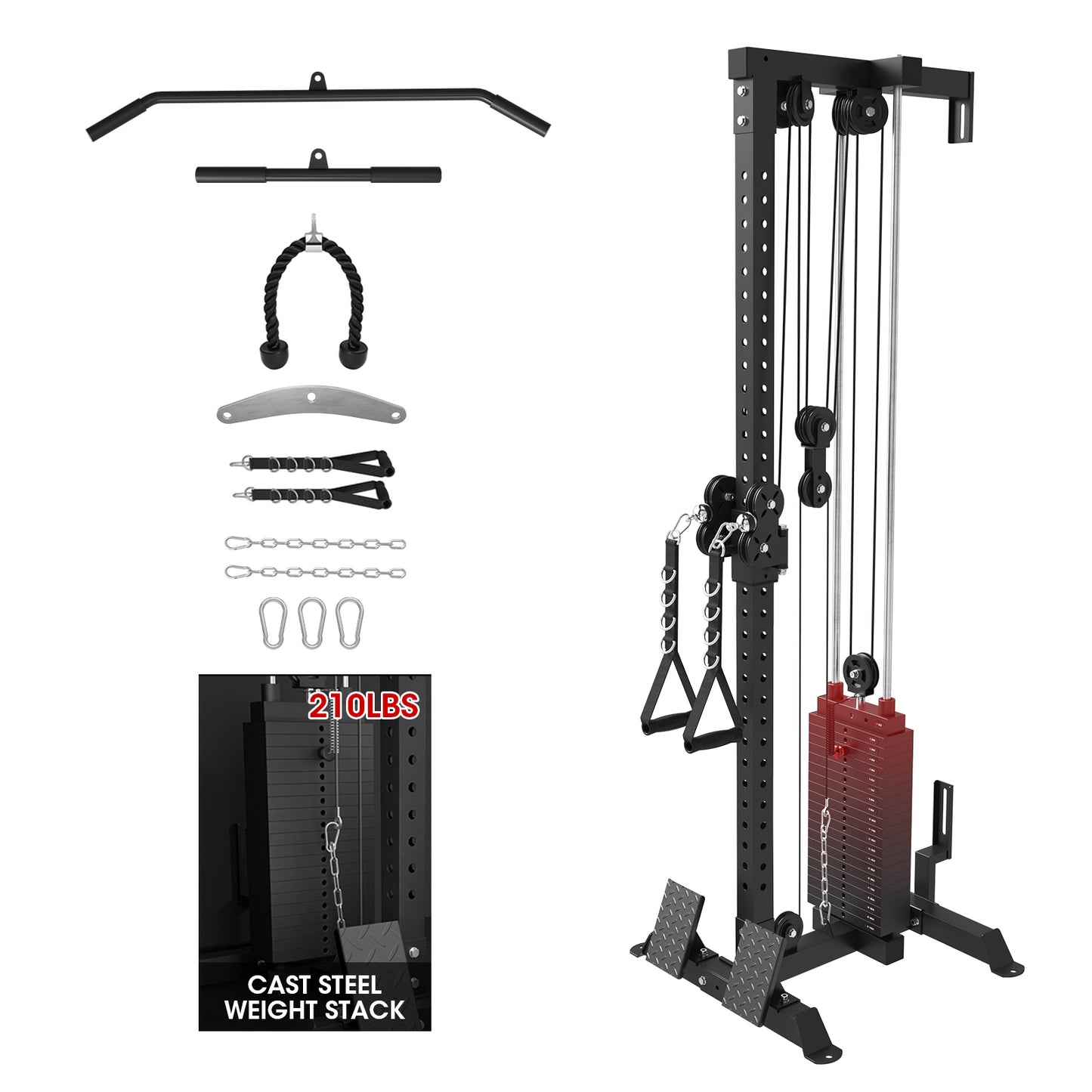 Mikolo Cable Crossover Machine, Lat Pull Down Machine with 210LBS Weight Stack, Wall Mounted Pulley Tower with 33 Positions Dual Pulley System, Lat Pulldown Cable Training Home Gym Fitness