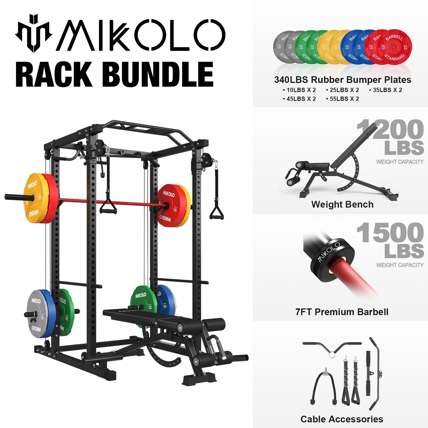 Mikolo Power Rack Cage with Dual Pulley System, 800lbs Adjustable Weight Bench, 1500lbs Barbell Bar and 340lbs Weight Plates for Home Gym Workout