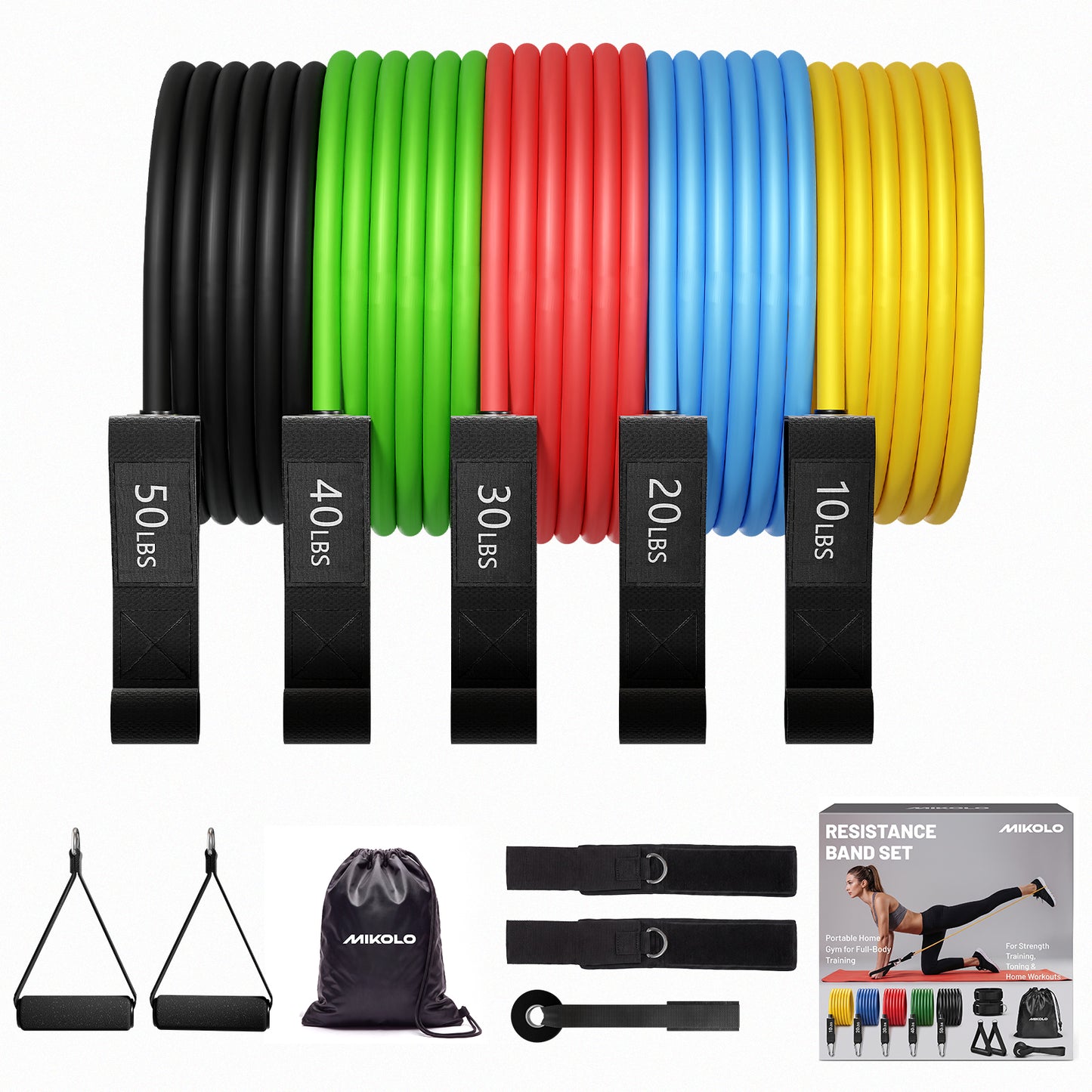 Mikolo Resistance Bands Exrcise Bands-Up to 150 lbs ,Resistance Workout Bands  Set with Handles, Door Anchor for Home Gym, Strength Training &Yoga 