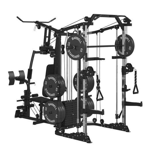 MIKOLO Smith Machine Power Cage, Multi-Function Home Gym System with Cable Crossover System, Dual-Sided Workout Station with 138LB Weight Stack, Power Rack, Functional Trainer , Leg Press Machine