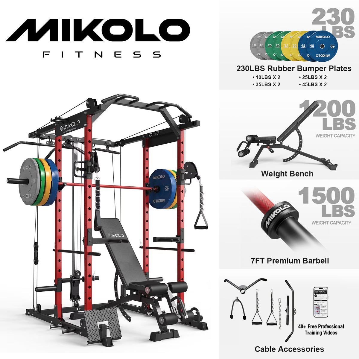 Mikolo Power Rack Cage, Weight Rack with Cable Crossover Machine,Multi-Function Squat Rack with J Hooks,Dip Bars and Landmine for Home Gym Red