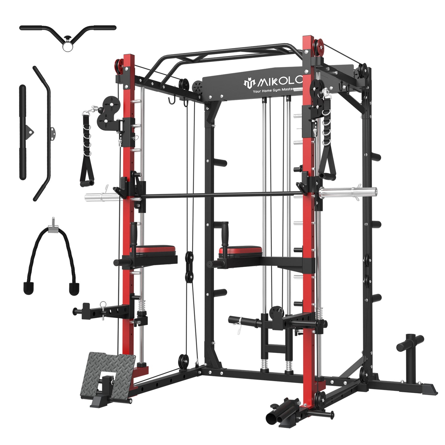 Mikolo Smith Machine Home Gym, 2000lbs Squat Rack with LAT-Pull Down System & Cable Crossover Machine, Training Equipment