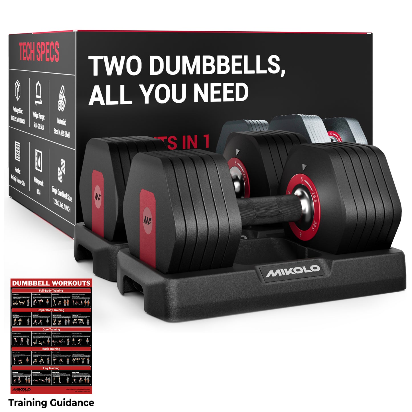 Mikolo Adjustable Dumbbells Set of 2, 1-Sec Adjustable Weights Dumbbells Set, 5LB - 26.5LB 6 in 1 Free Dumbbell with Anti-Slip Texture Handle, Weight Set For Home Gym