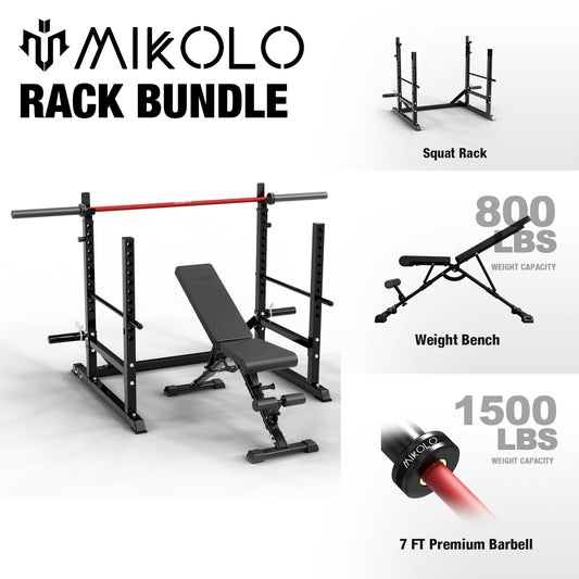 Mikolo Squat Rack, Multi-Functional Barbell Rack , Adjustable Bench Press Rack with 600 LBS Weight Capacity，Squat Cage