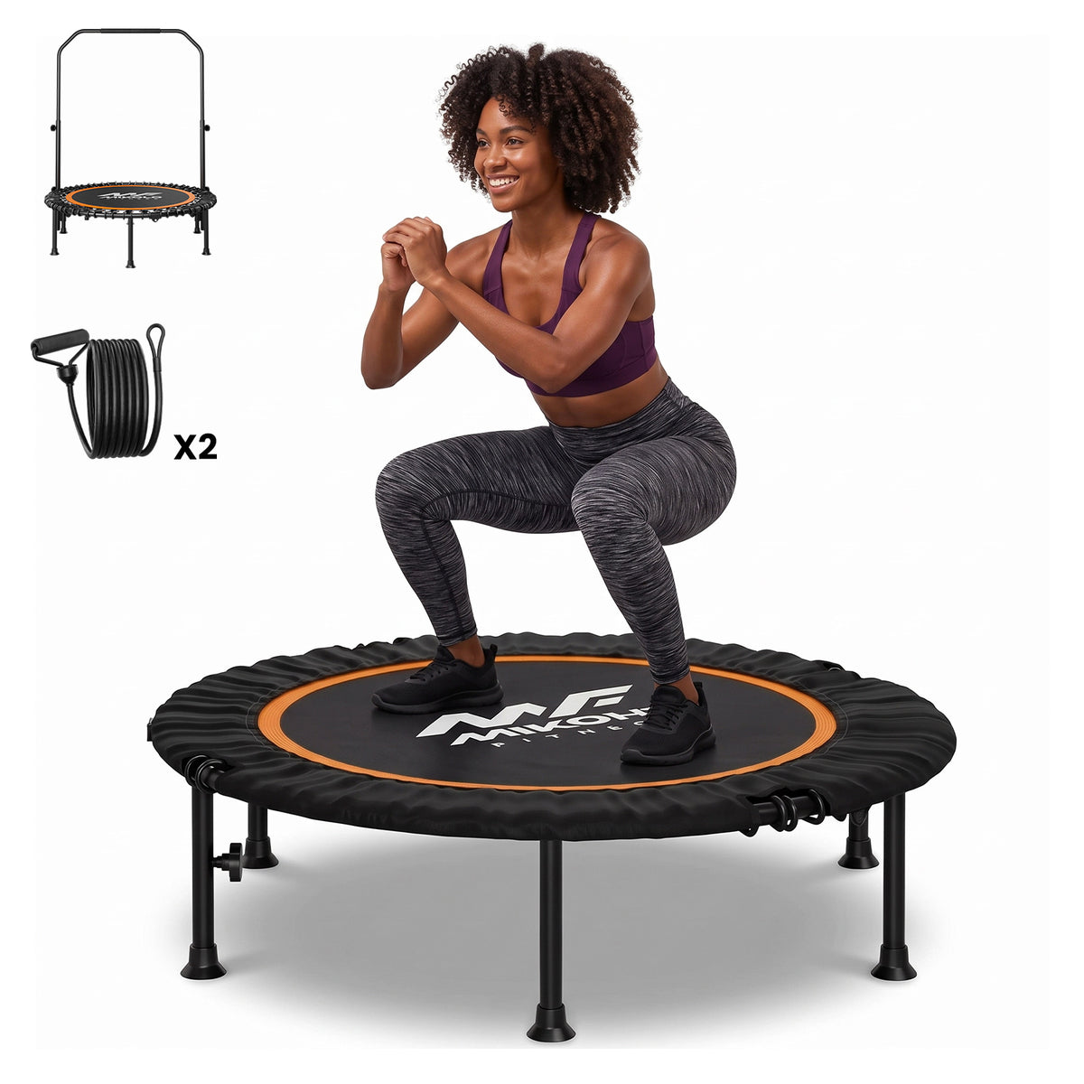Mikolo 40'' Foldable Mini Trampoline, Fitness Trampoline with Bungees&Adujustable Handle,Exercise Rebounder for Adults