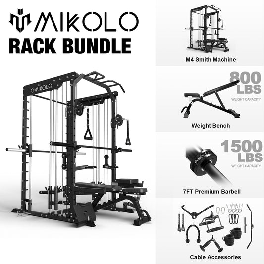 Mikolo Dual Direction Smith Machine, Power Cage with Functional Trainer, Multi-People Home Gym Training System with Weight Bench and Weight Bar