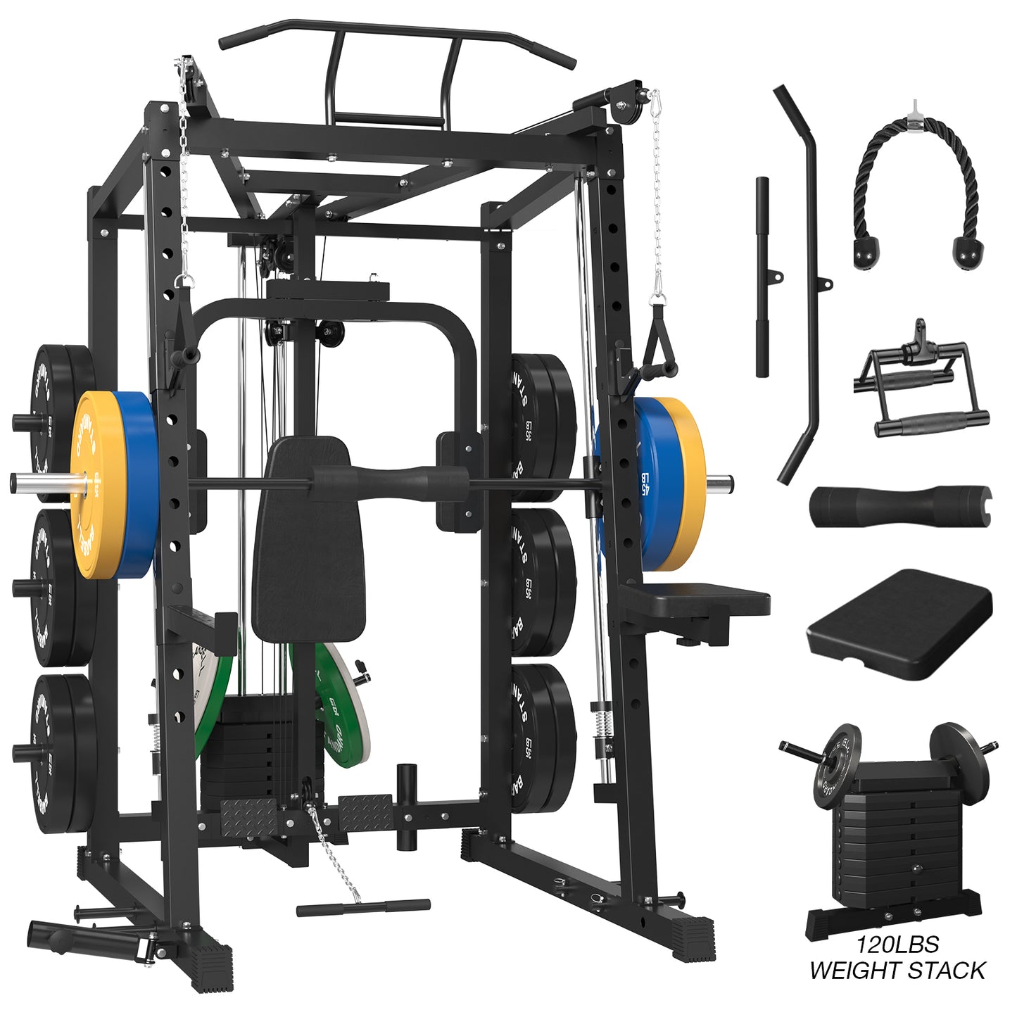 Mikolo Smith Machine, 2000LBS Power Cage Squat Rack with Smith Bar, Chest Fly Machine with Two LAT Pull-Down Systems, Cable Crossover Machine and More Cable Attachment for Home gym