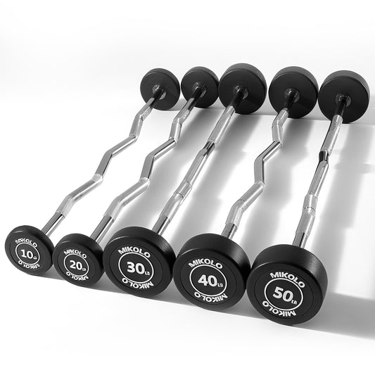 Mikolo Rubber Coated Fixed Weight EZ Curl Barbell, Pre-Loaded Weights EZ Curl Solid Steel Barbells, Weighted Bar for Weightlifting Exercise （10-50LBS）