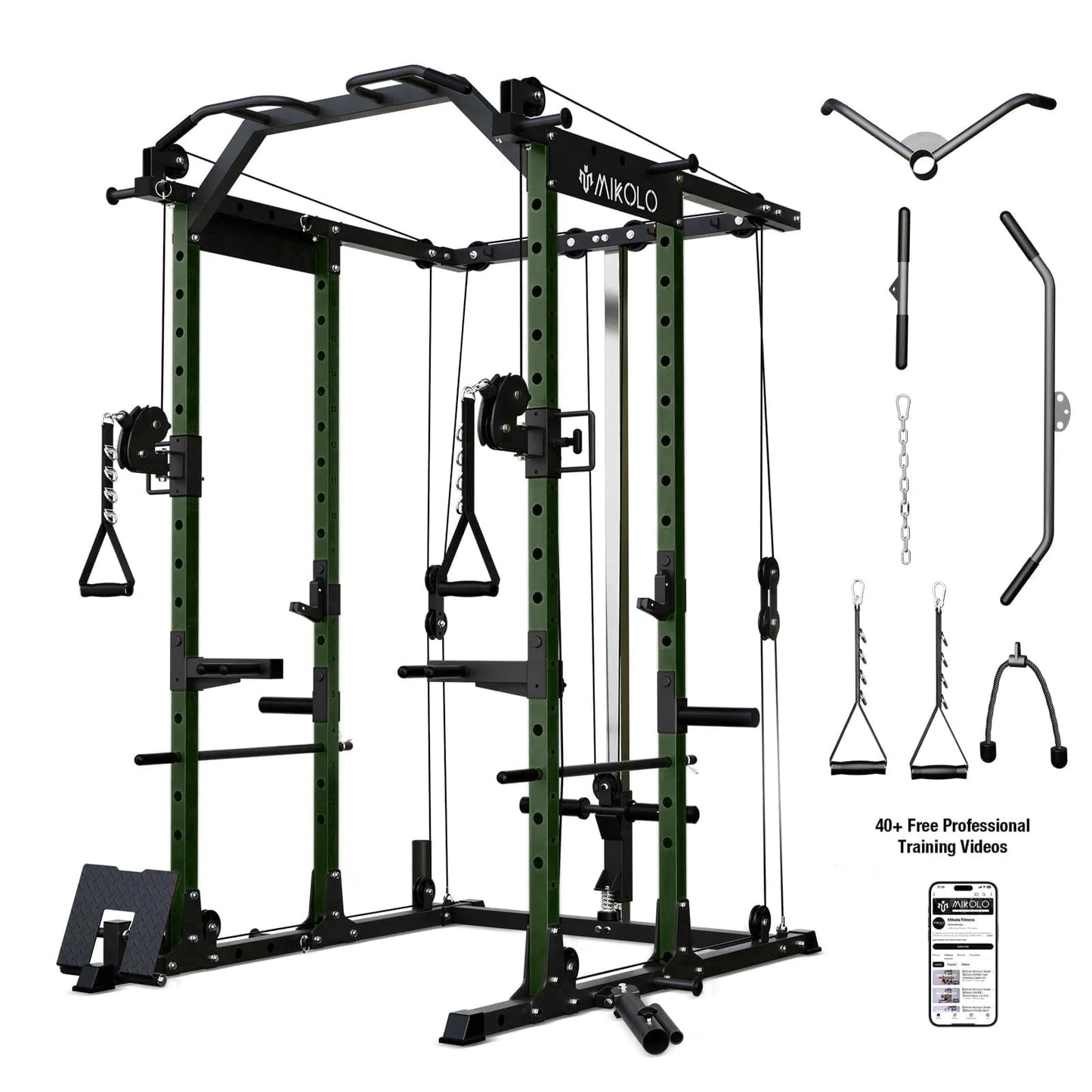 Mikolo Power Rack Cage, Weight Rack with Cable Crossover Machine,Multi-Function Squat Rack with J Hooks,Dip Bars and Landmine for Home Gym Red