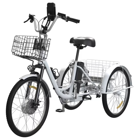 HAROMA Electric Scooter Tricycle for Adults, White Electric Trike Motorized Three Wheel Electric Bicycle with 7 Speeds and Large Basket,350W 48V Adult Electric Tricycle