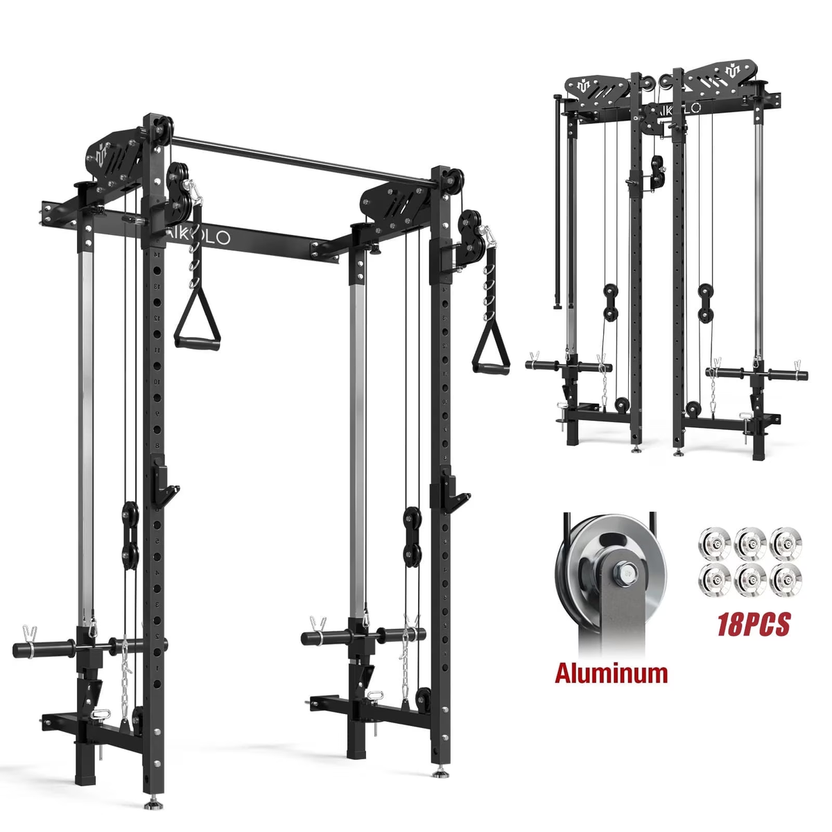 Mikolo Foldable Power Rack Cage,1000lbs Capacity Wall Mounted Squat Rack with independent pulley system, Space Saving Home Gym Equipment with 5 Adjustable Angle