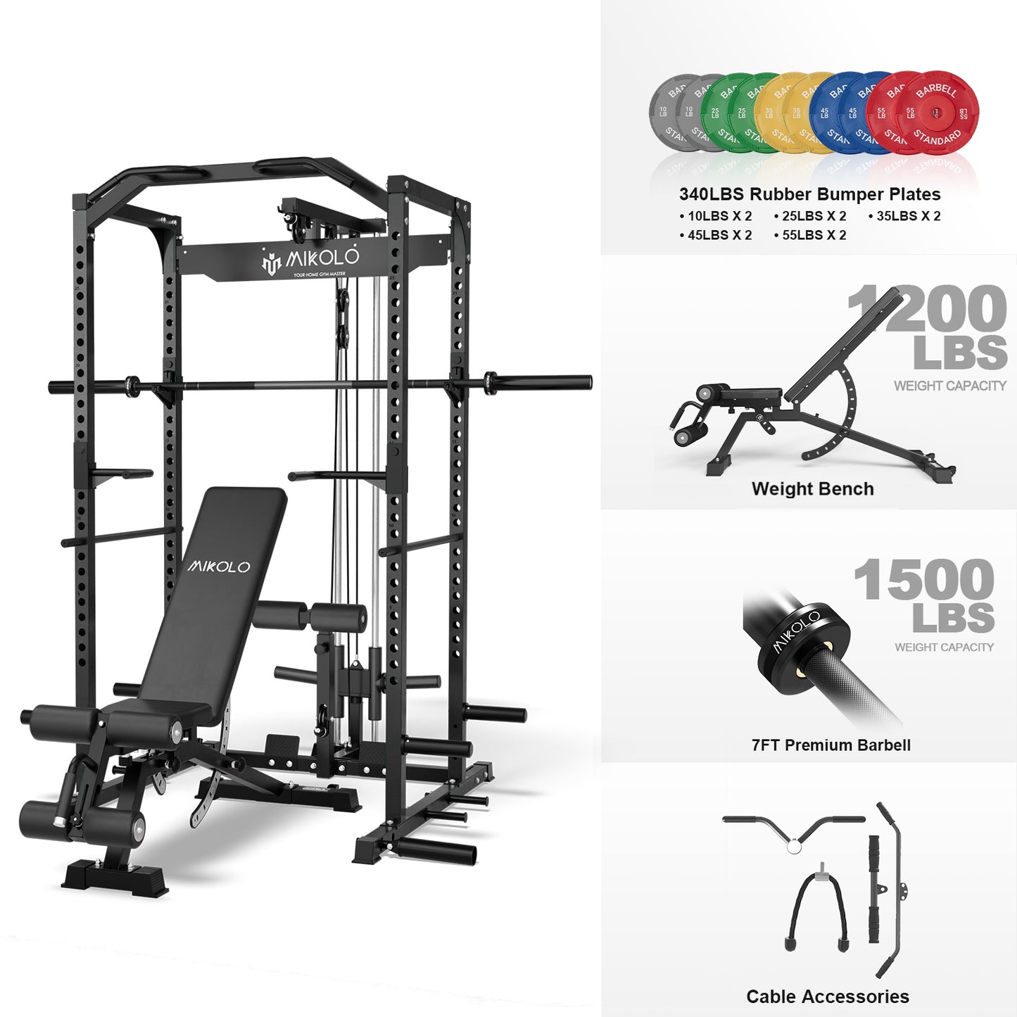 Mikolo Power Rack Cage with LAT Pulldown System,1200 lbs Capacity Power Rack with 1200 lbs Capacity Weight Bench and 1500 lbs Capacity Barbell Combo (340LB)