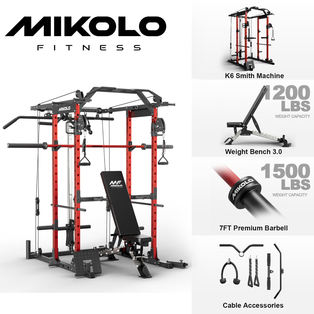 Mikolo Power Rack Cage, Weight Rack with Cable Crossover Machine,Multi-Function Squat Rack with J Hooks,Dip Bars and Landmine for Home Gym Red