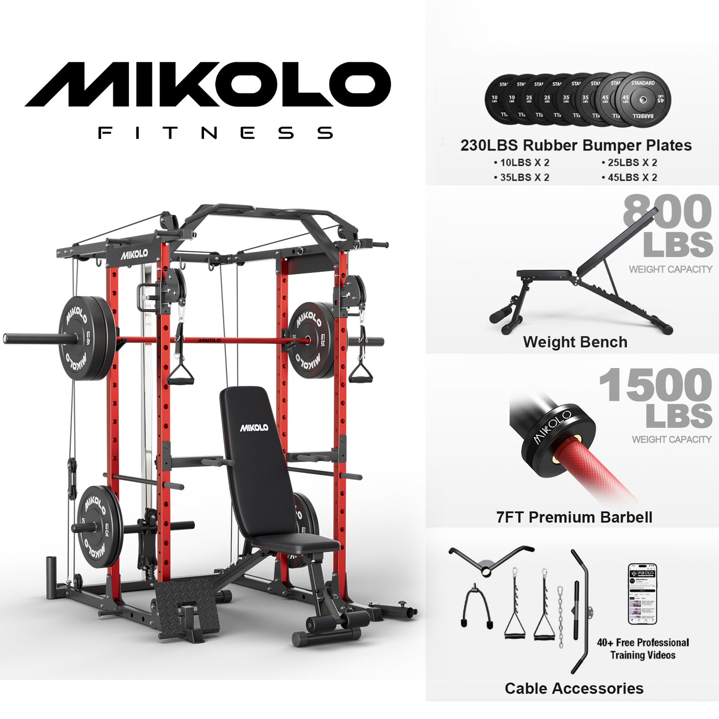Mikolo Power Rack Cage, Weight Rack with Cable Crossover Machine,Multi-Function Squat Rack with J Hooks,Dip Bars and Landmine for Home Gym Red