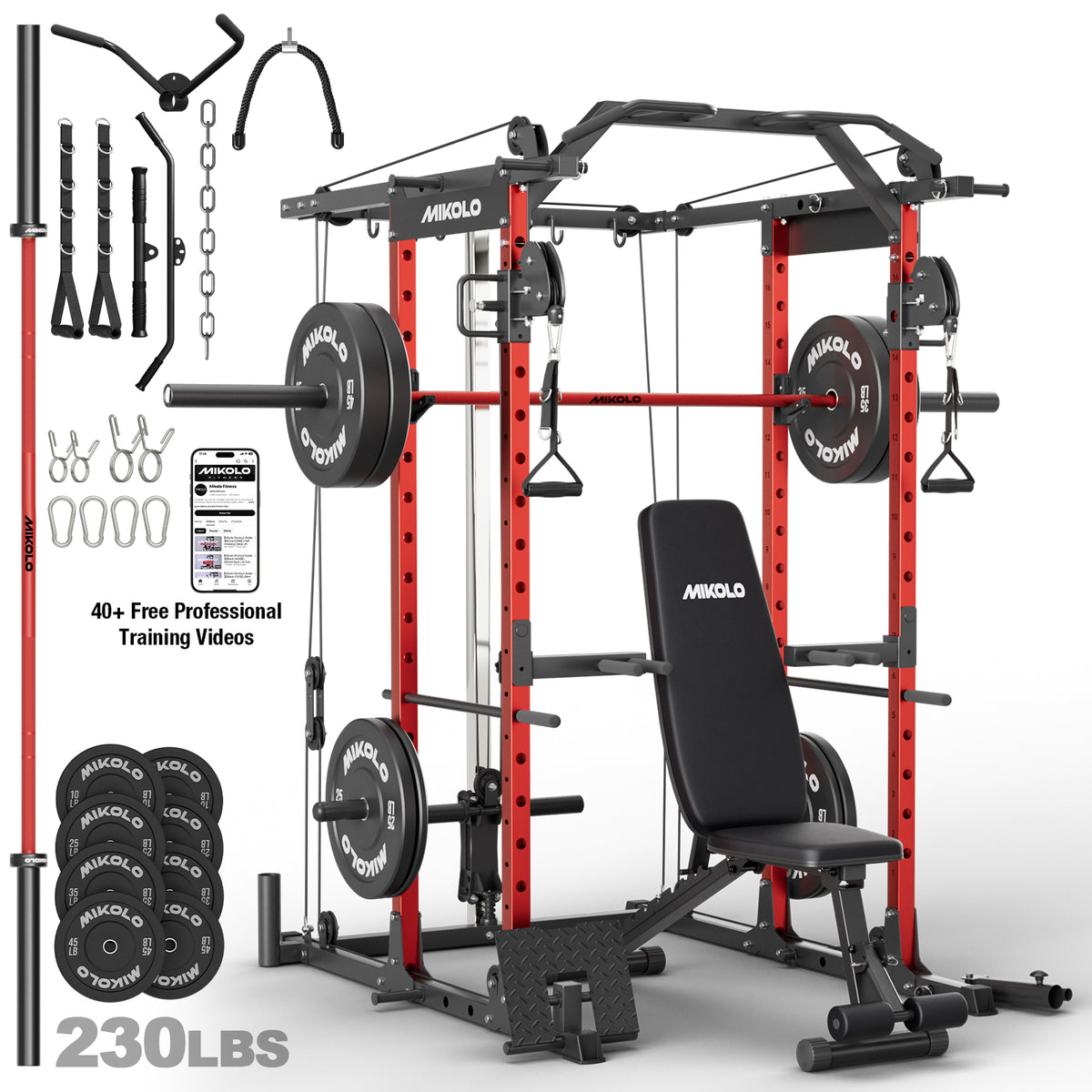 Mikolo Power Rack Cage, 1500LBS Weight Cage with 800LB Capacity Adjustable Weight Bench, 1500LB Capacity Barbell and 230LB Weight Plate set Red