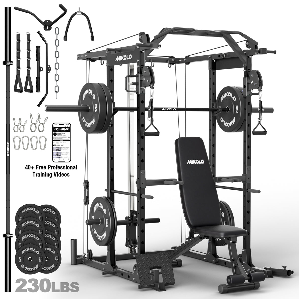 Mikolo Power Rack Cage, 1500LBS Weight Cage with 800LB Capacity Adjustable Weight Bench, 1500LB Capacity Barbell and 230LB Weight Plate set Red