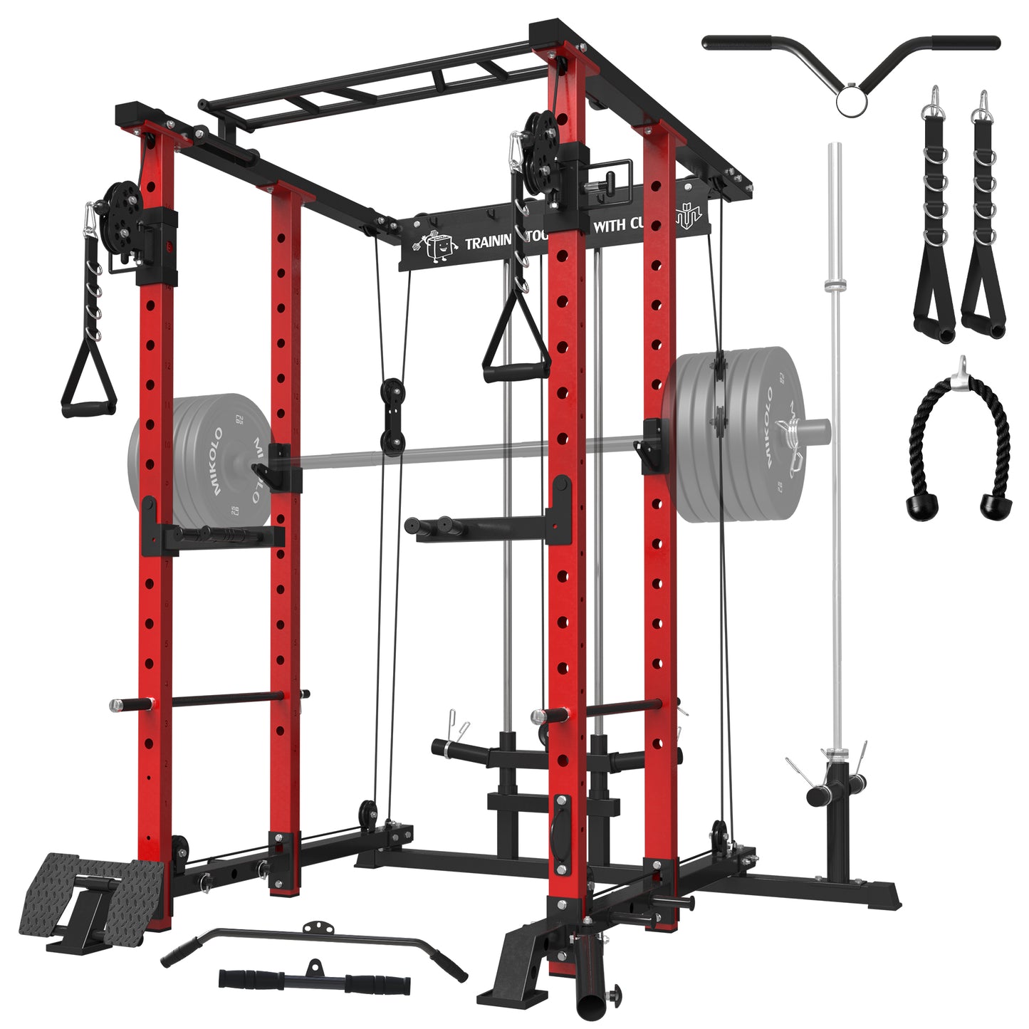 Mikolo Power Rack Cage, Gym Rack with Cable Crossover Machine,Multi-Function Squat Rack with J Hooks,Dip Bars and Landmine for Home Gym