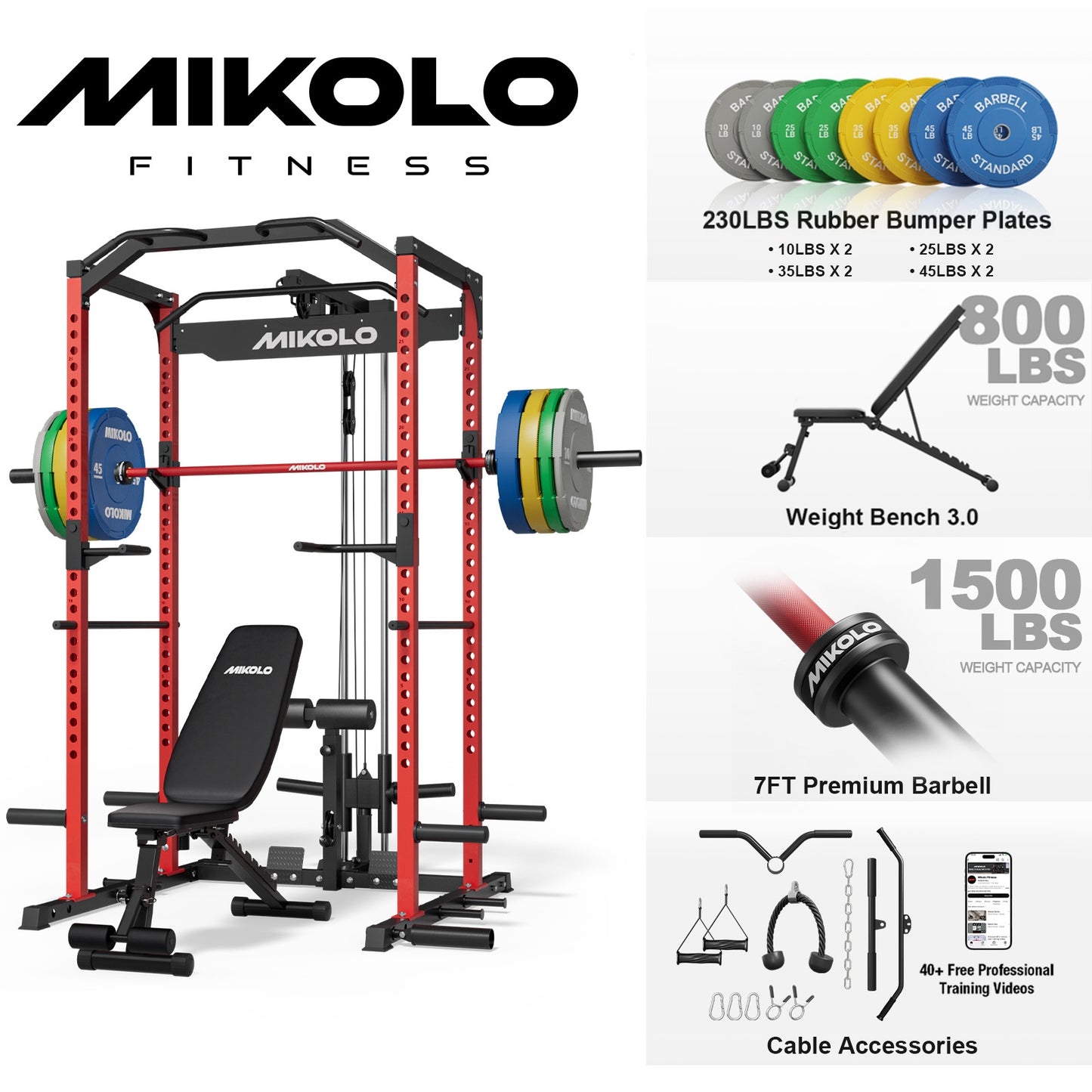 Mikolo Multi-Functional Squat Rack with LAT Pulldown System Exercise Power Cages, Metal Red