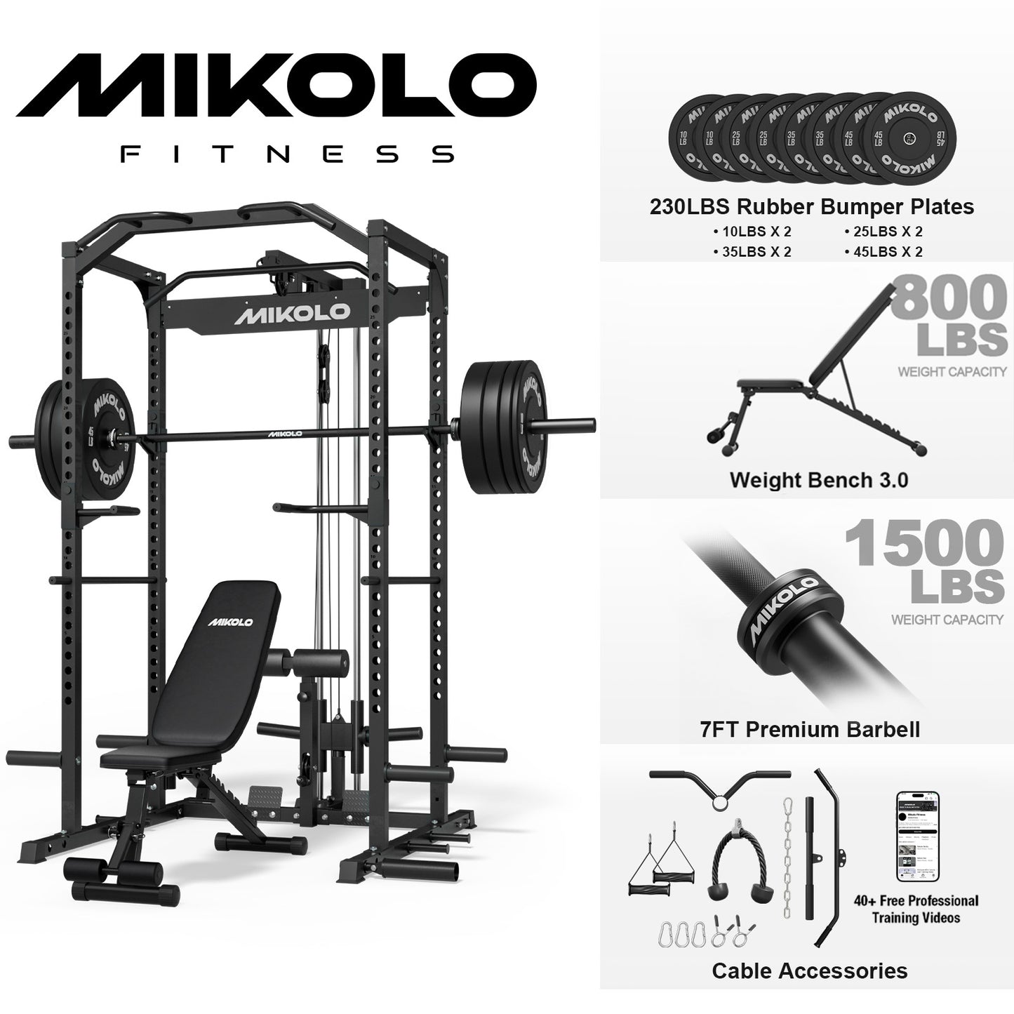 Mikolo Multi-Functional Squat Rack with LAT Pulldown System Exercise Power Cages, Metal Red