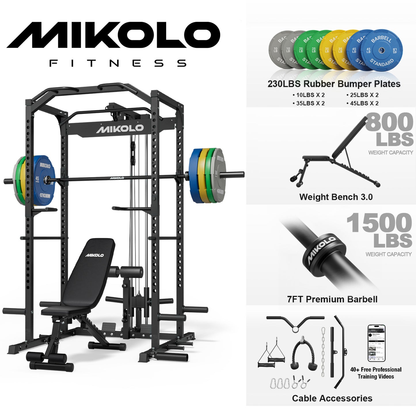 Mikolo Multi-Functional Squat Rack with LAT Pulldown System Exercise Power Cages, Metal Red