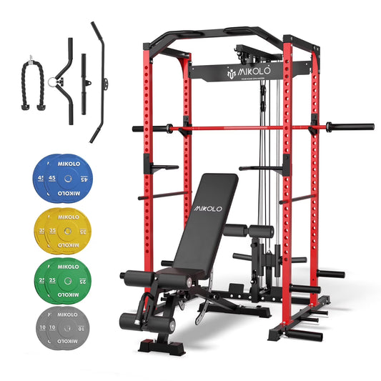 Mikolo Power Rack Cage with LAT Pulldown System,1200 lbs Capacity Power Rack with 1200 lbs Capacity Weight Bench and 1500 lbs Capacity Barbell Combo (Upgraded)