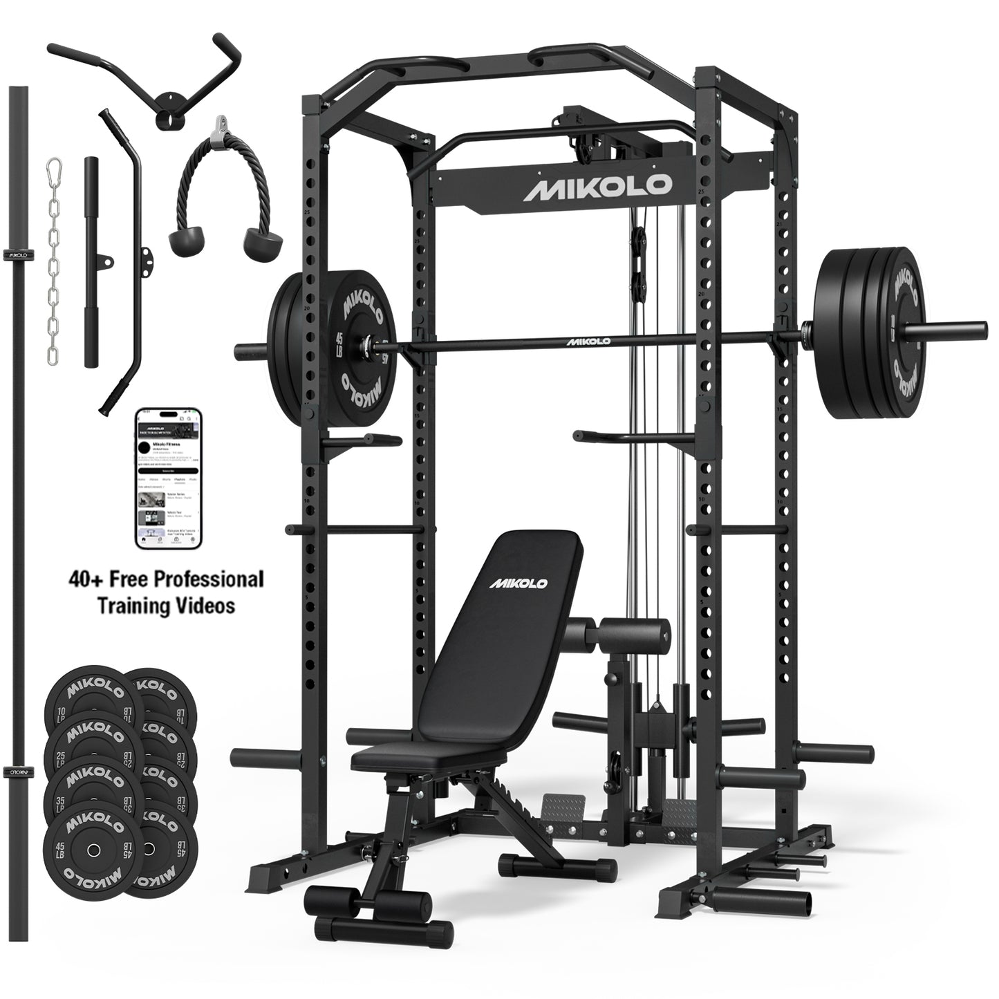 Mikolo Power Rack Cage, 1200LBS Weight Cage with 800LB Capacity Adjustable Weight Bench, 1500LB Capacity Barbell and 230LB Black Plate set