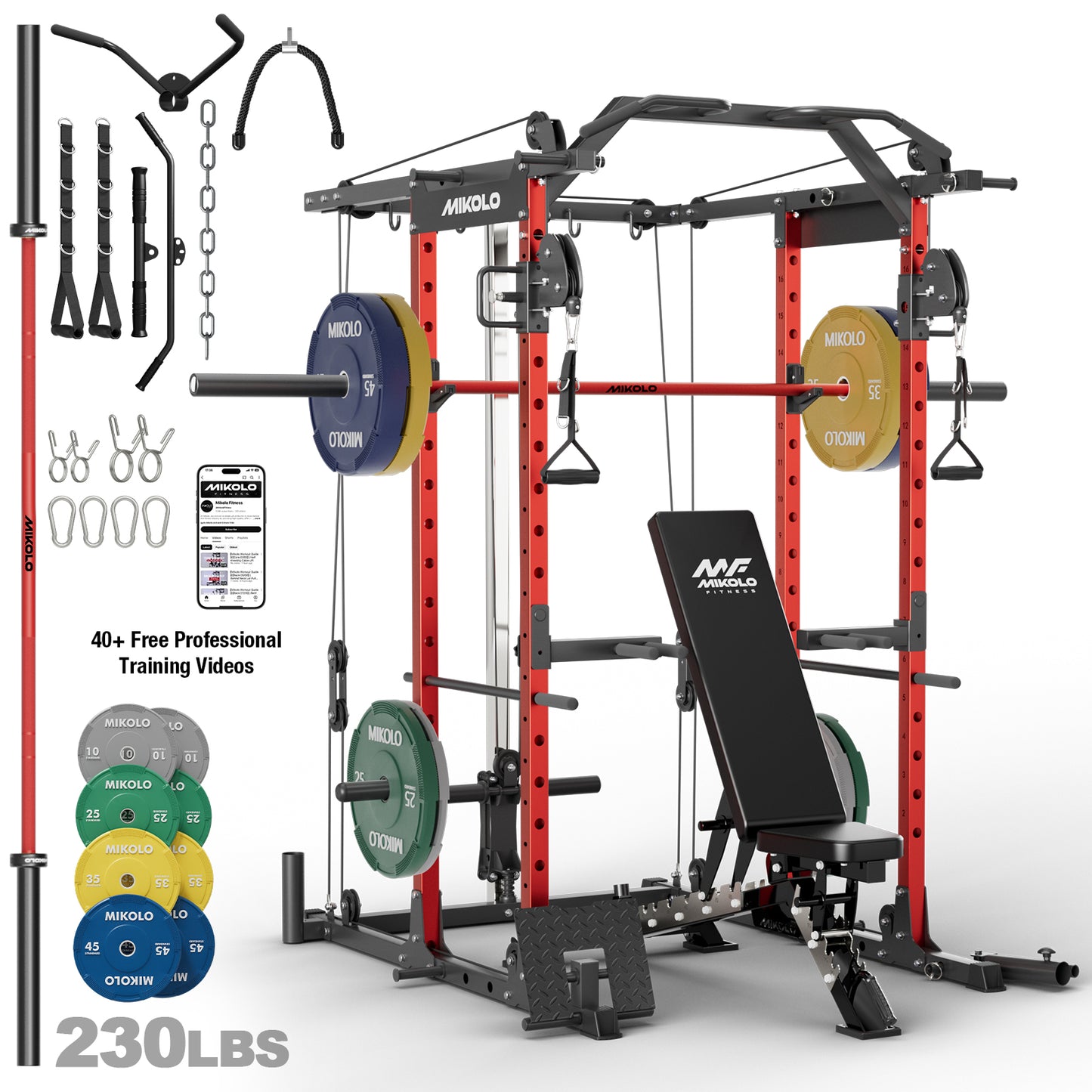 Mikolo Power Rack Cage, 1500LBS Weight Cage with 800LB Capacity Adjustable Weight Bench, 1500LB Capacity Barbell and 230LB Weight Plate set Red