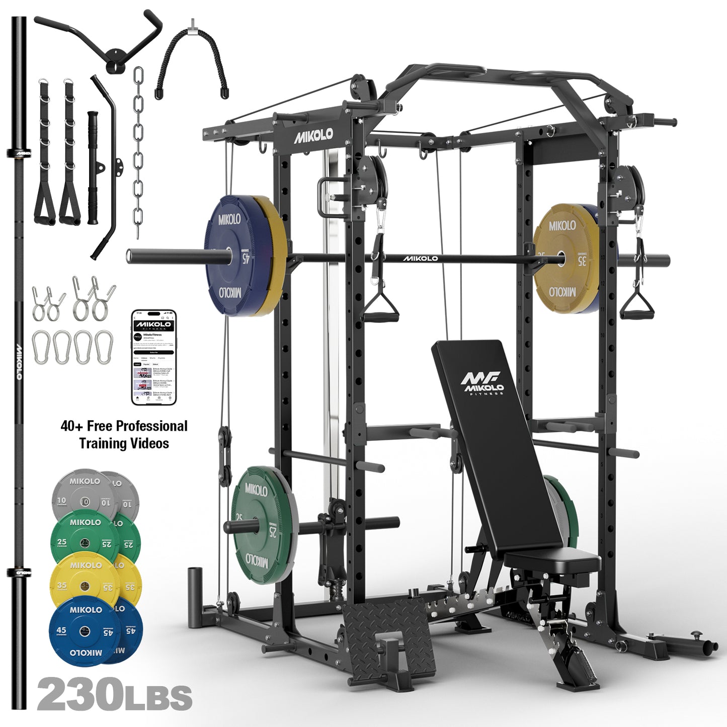 Mikolo Power Rack Cage, 1500LBS Weight Cage with 800LB Capacity Adjustable Weight Bench, 1500LB Capacity Barbell and 230LB Weight Plate set Red