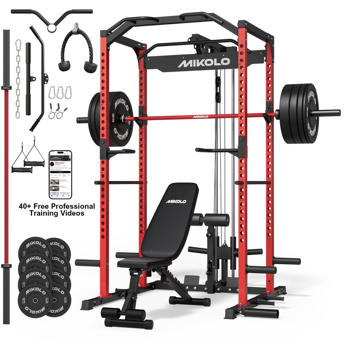 Mikolo Power Rack Cage, 1200LBS Weight Cage with 800LB Capacity Adjustable Weight Bench, 1500LB Capacity Barbell and 230LB Black Plate set