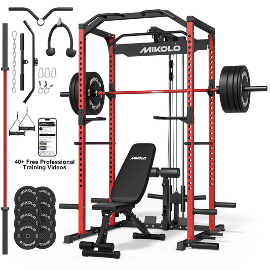 Mikolo Power Rack Cage, 1200LBS Weight Cage with 800LB Capacity Adjustable Weight Bench, 1500LB Capacity Barbell and 230LB Black Plate set