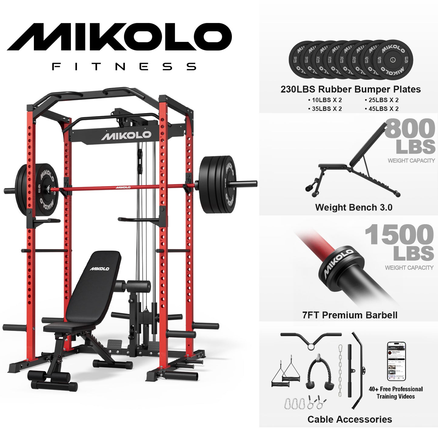 Mikolo Multi-Functional Squat Rack with LAT Pulldown System Exercise Power Cages, Metal Red