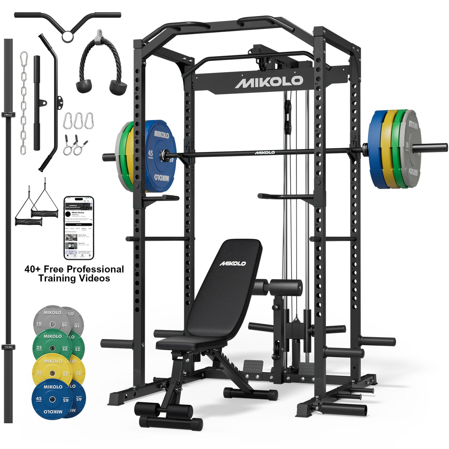 Mikolo Power Rack Cage, 1200LBS Weight Cage with 800LB Capacity Adjustable Weight Bench, 1500LB Capacity Barbell and 230LB Black Plate set