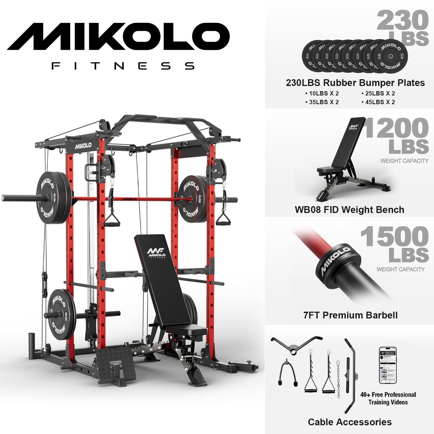 Mikolo Power Rack Cage, Weight Rack with Cable Crossover Machine,Multi-Function Squat Rack with J Hooks,Dip Bars and Landmine for Home Gym Red