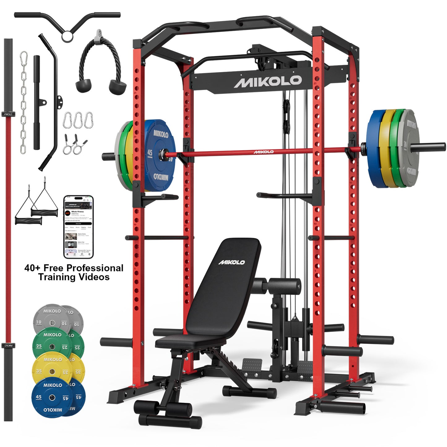 Mikolo Power Rack Cage, 1200LBS Weight Cage with 800LB Capacity Adjustable Weight Bench, 1500LB Capacity Barbell and 230LB Black Plate set