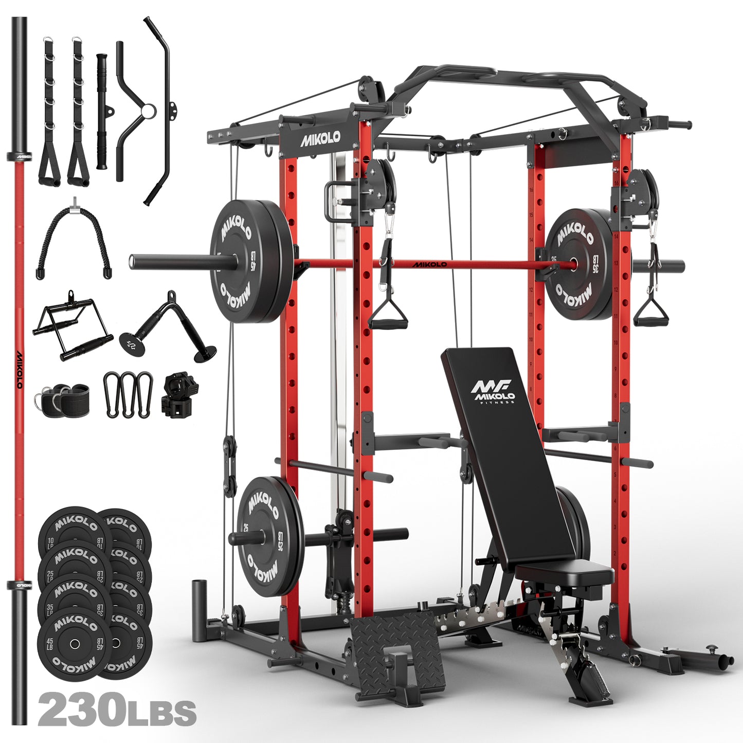 Mikolo Power Rack Cage, 1500LBS Weight Cage with 800LB Capacity Adjustable Weight Bench, 1500LB Capacity Barbell and 230LB Weight Plate set Red