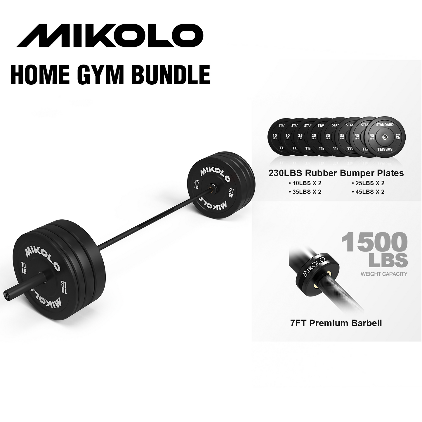 Mikolo 7ft Olympic Barbell, Barbell for Weightlifting and Powerlifting 45lb, Olympic Bar for 1500lbs Capacity, Weight Bar Fit 2” Standard Weights