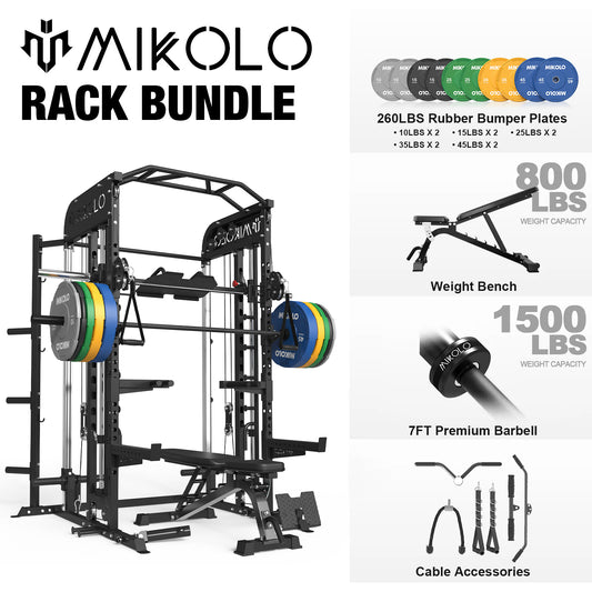 Mikolo Smith Machine, All-in-One Power Rack Cage with Vertical Leg Press, 2000LBS Power Cage Squat Rack with Smith Bar, Dual Pulley Cable Crossover System for Home gym