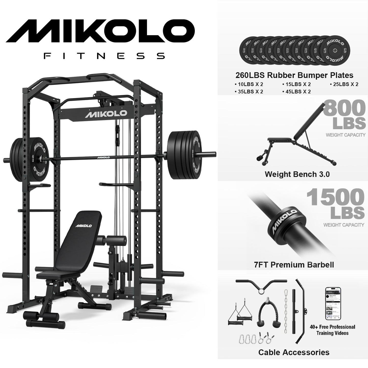Mikolo Multi-Functional Squat Rack with LAT Pulldown System Exercise Power Cages, Metal Red