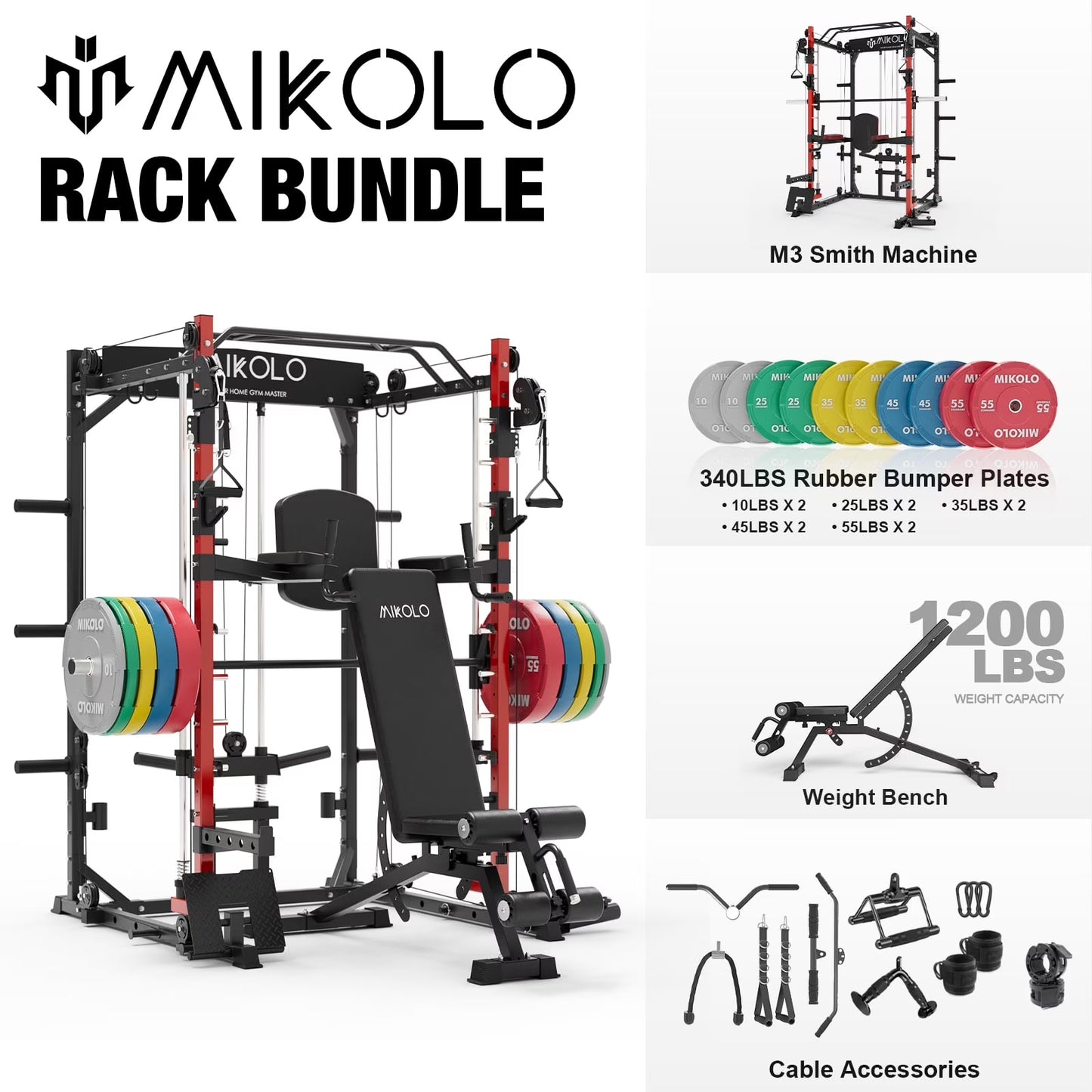Mikolo Smith Machine Home Gym, 2000 lbs Power Rack Cage with Cable Crossover, Smith Cage with 800LB Capacity Adjustable Weight Bench and 260 lbs Weight Plate, Total Body Strength Training Cage