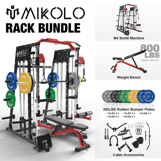 Mikolo Smith Machine Home Gym, 2200 lbs Power Rack Cage with Cable Crossover, Power Rack with 800LB Capacity Adjustable Weight Bench and 260 lbs Weight Plate, Total Body Strength Training Equipment