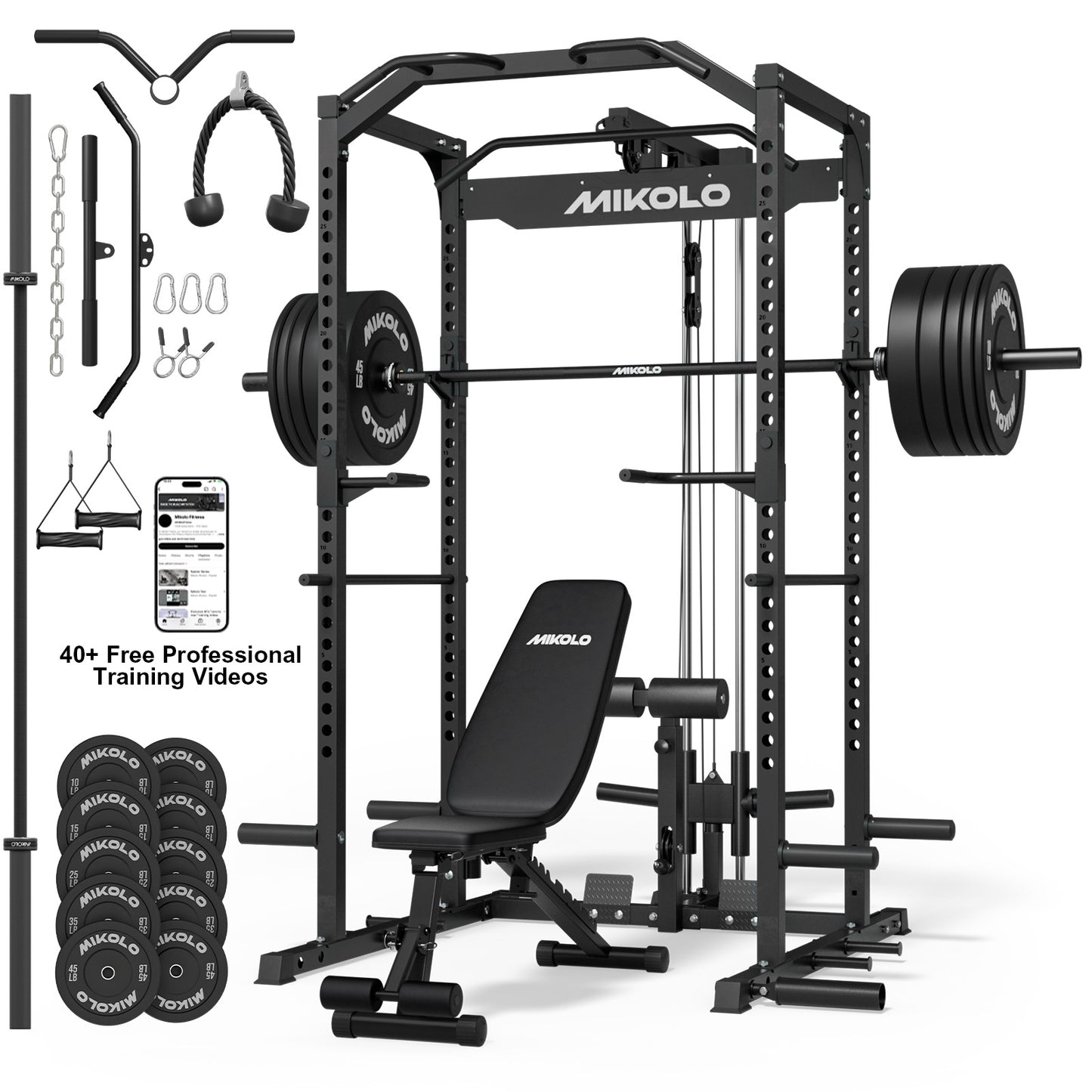 Mikolo Power Rack Cage, 1200LBS Weight Cage with 800LB Capacity Adjustable Weight Bench, 1500LB Capacity Barbell and 230LB Black Plate set
