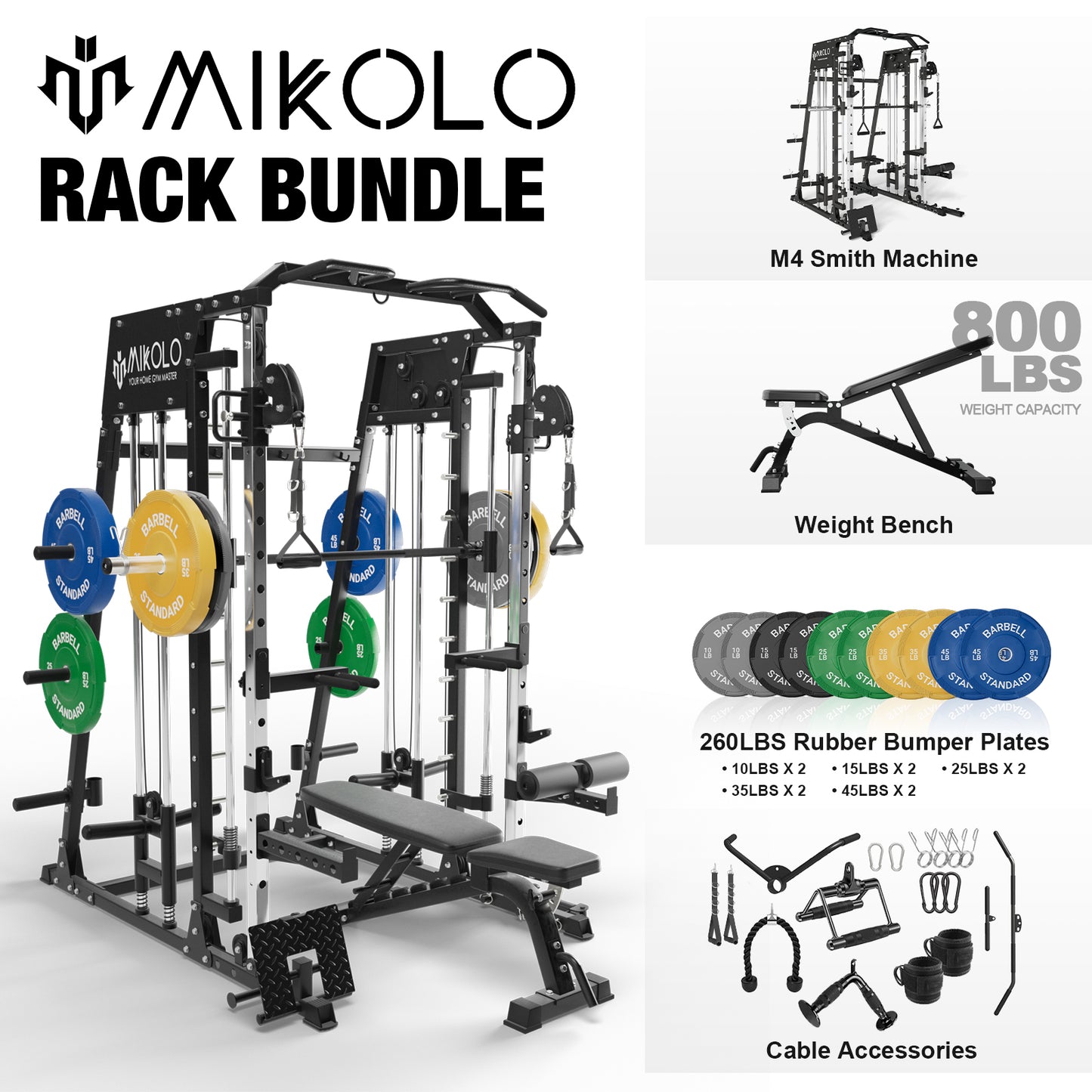 Mikolo Smith Machine Home Gym, 2200 lbs Power Rack Cage with Cable Crossover, Power Rack with 800LB Capacity Adjustable Weight Bench and 260 lbs Weight Plate, Total Body Strength Training Equipment