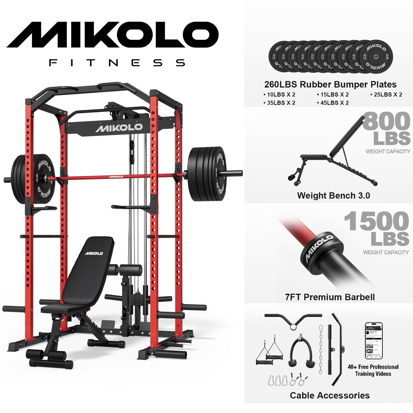 Mikolo Multi-Functional Squat Rack with LAT Pulldown System Exercise Power Cages, Metal Red