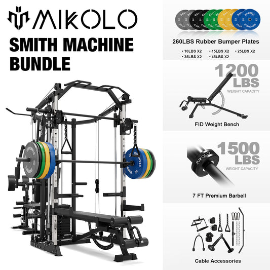 Mikolo Smith Machine Power Cage, Multi-Function Home Gym System with Cable Crossover, 121LB Weight Stack