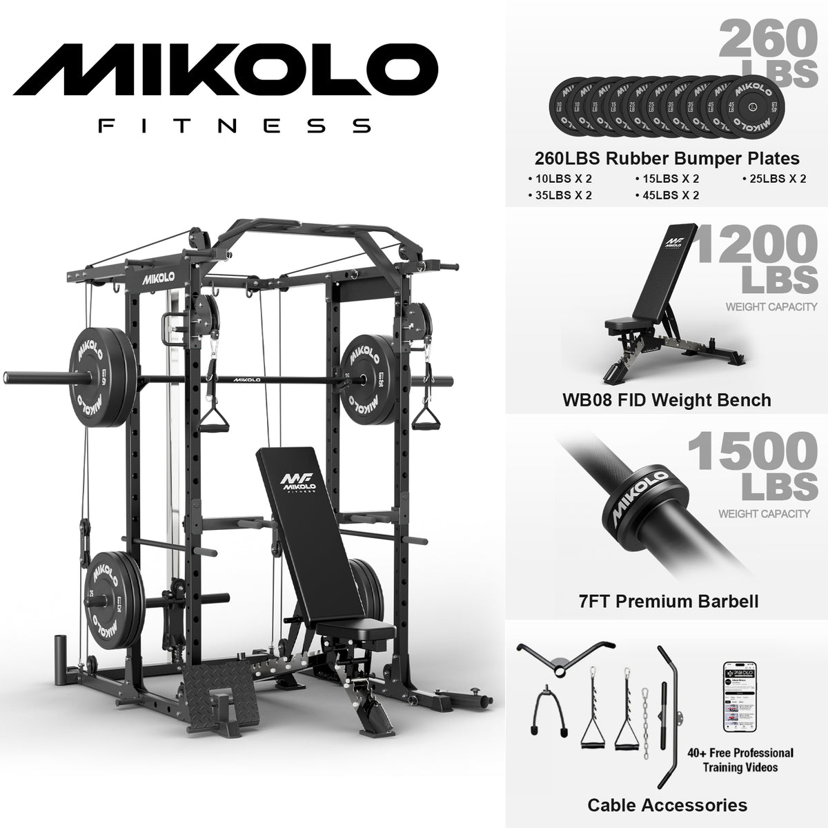 Mikolo Power Rack Cage, Weight Rack with Cable Crossover Machine,Multi-Function Squat Rack with J Hooks,Dip Bars and Landmine for Home Gym Red