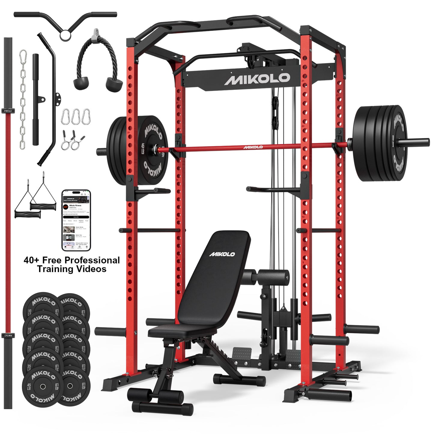 Mikolo Power Rack Cage, 1200LBS Weight Cage with 800LB Capacity Adjustable Weight Bench, 1500LB Capacity Barbell and 230LB Black Plate set