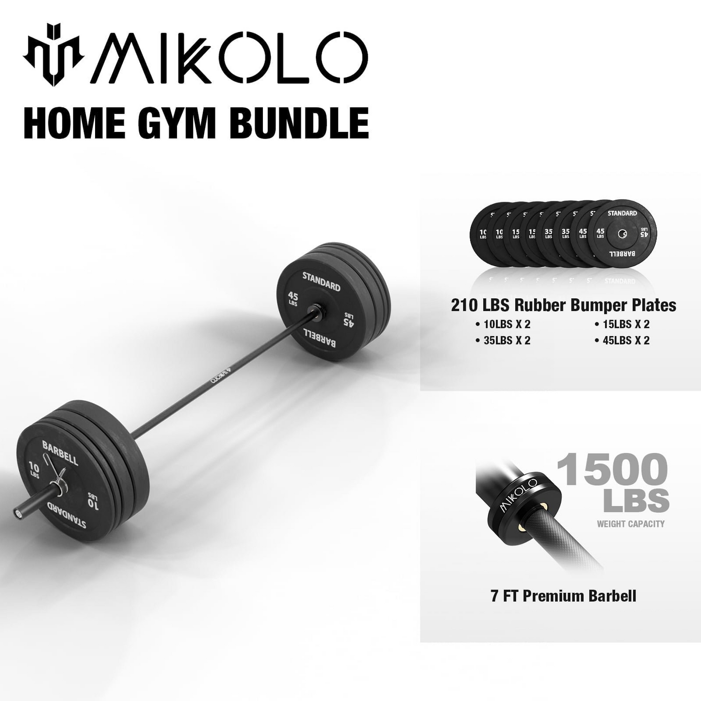 Mikolo 7ft Olympic Barbell, Barbell for Weightlifting and Powerlifting 45lb, Olympic Bar for 1500lbs Capacity, Weight Bar Fit 2” Standard Weights
