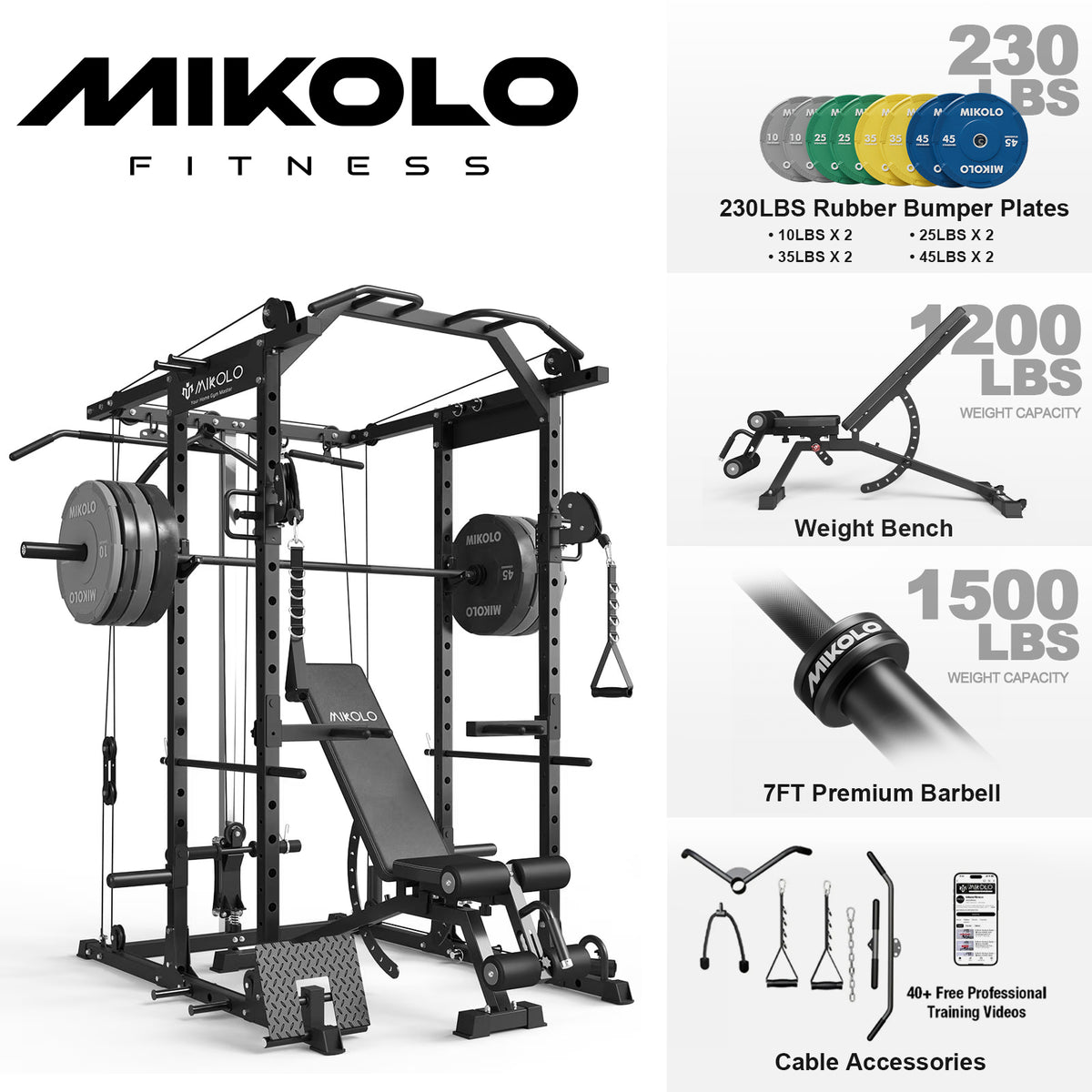 Mikolo Power Rack Cage, Weight Rack with Cable Crossover Machine,Multi-Function Squat Rack with J Hooks,Dip Bars and Landmine for Home Gym Red