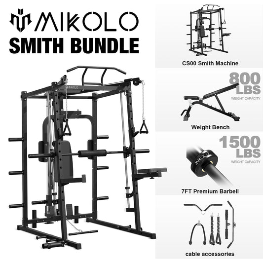 Mikolo Smith Machine, 2000LBS Power Cage Squat Rack with Chest Fly Arm, Two LAT Pull-Down Systems, Cable Crossover Machine and and More Cable Attachment for Home Gym